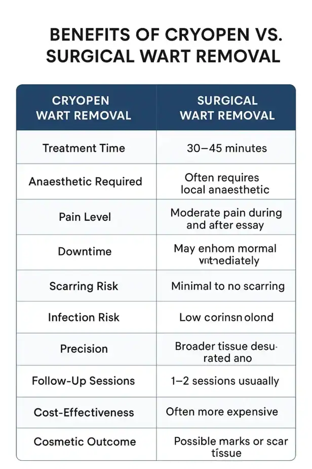 Table showing the benefits of cryopen to remove warts Stoke compared to surgical treatment